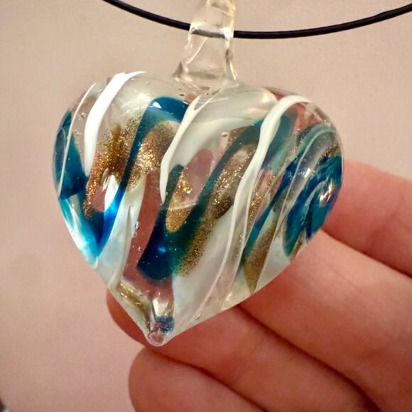 Unique Artisan Glass Heart-Shaped Blue White & Gold Pendant - Picture 8 of 8